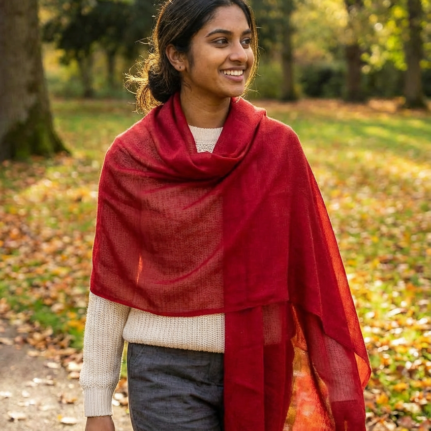 Woman wearing a red cashmere pashmina scarf in an autumn park