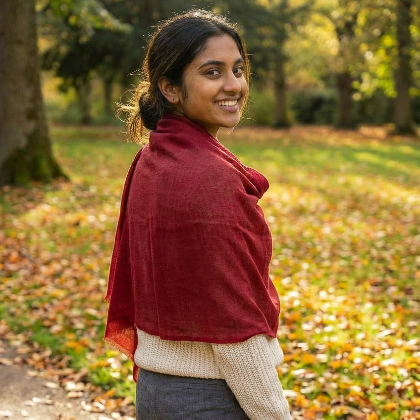 Woman wearing a Himalayan Cherry cashmere pashmina