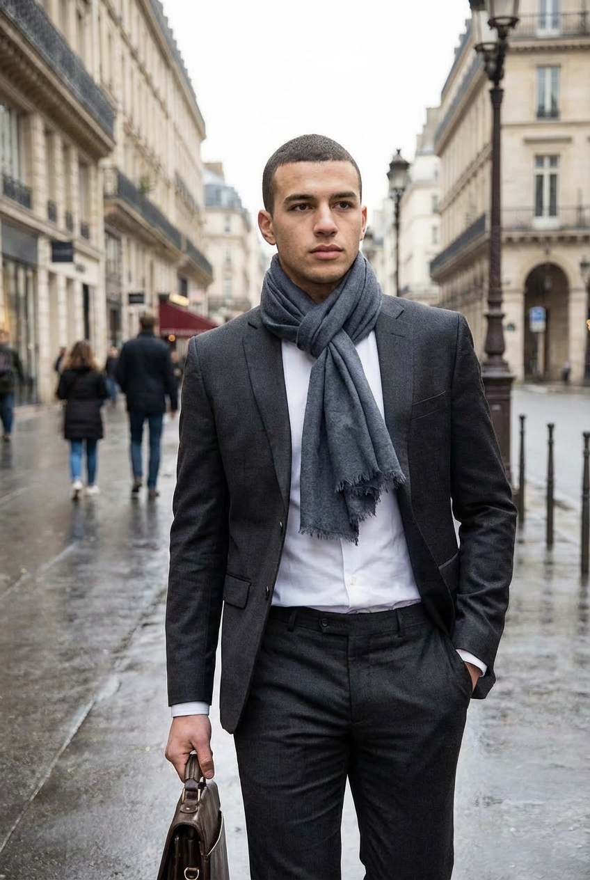 Man in a suit with a scarf standing on a city street