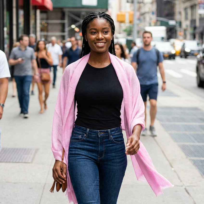 Woman in a pink cardigan and black top walking on a city street.
