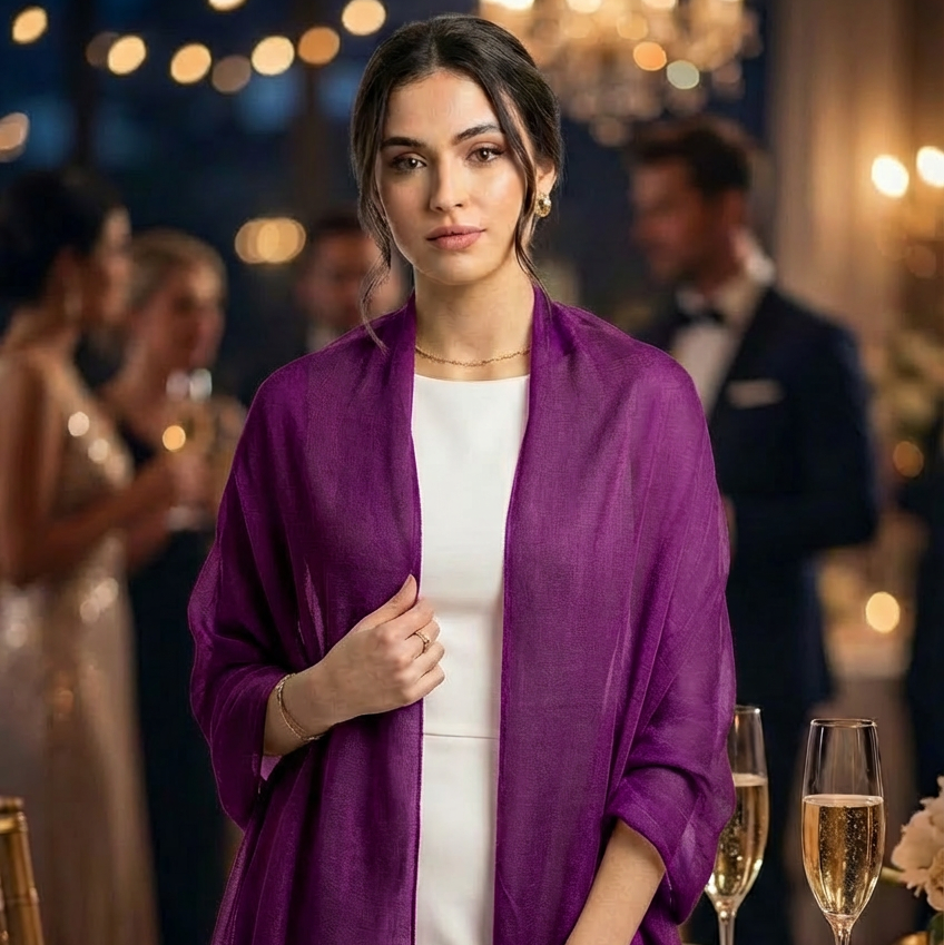 Woman wearing a purple shawl over a white dress in a formal setting with people and tableware.
