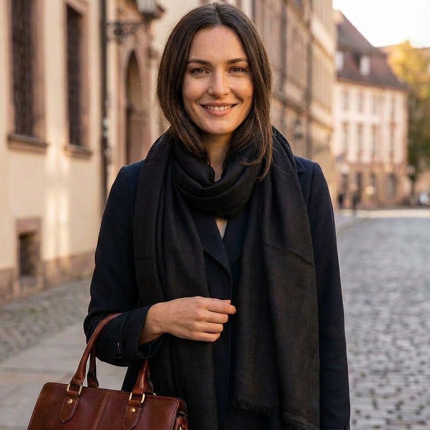 Woman holding a brown leather bag on a street with buildings in the background