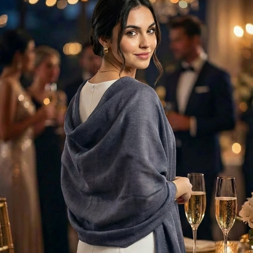 Woman in a formal setting with a grey shawl over her shoulders, surrounded by people and table settings.