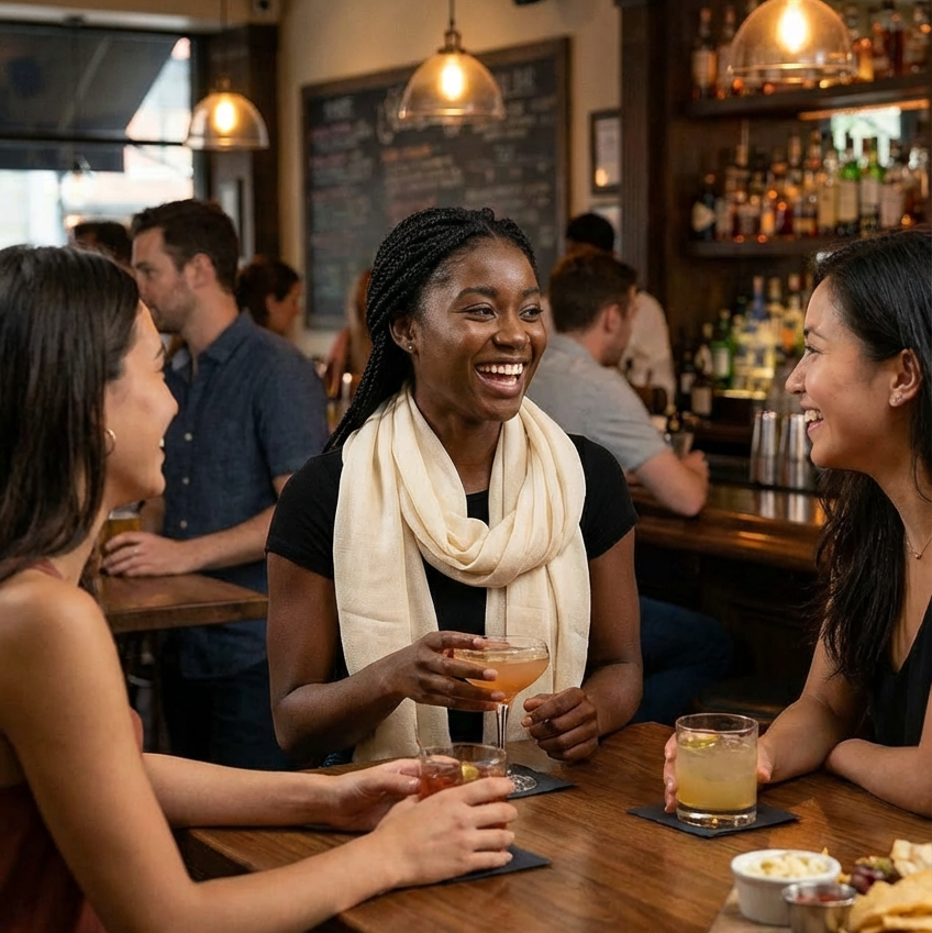 Three women sitting at a bar, enjoying drinks and conversation.