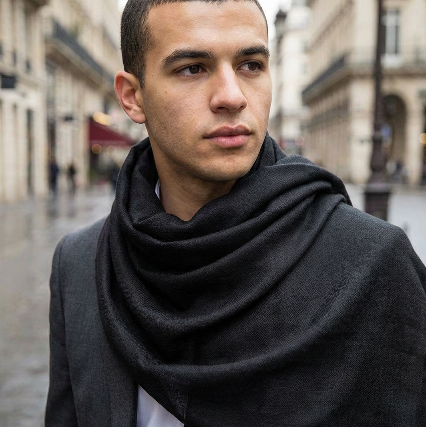 Man wearing a black scarf in an urban setting