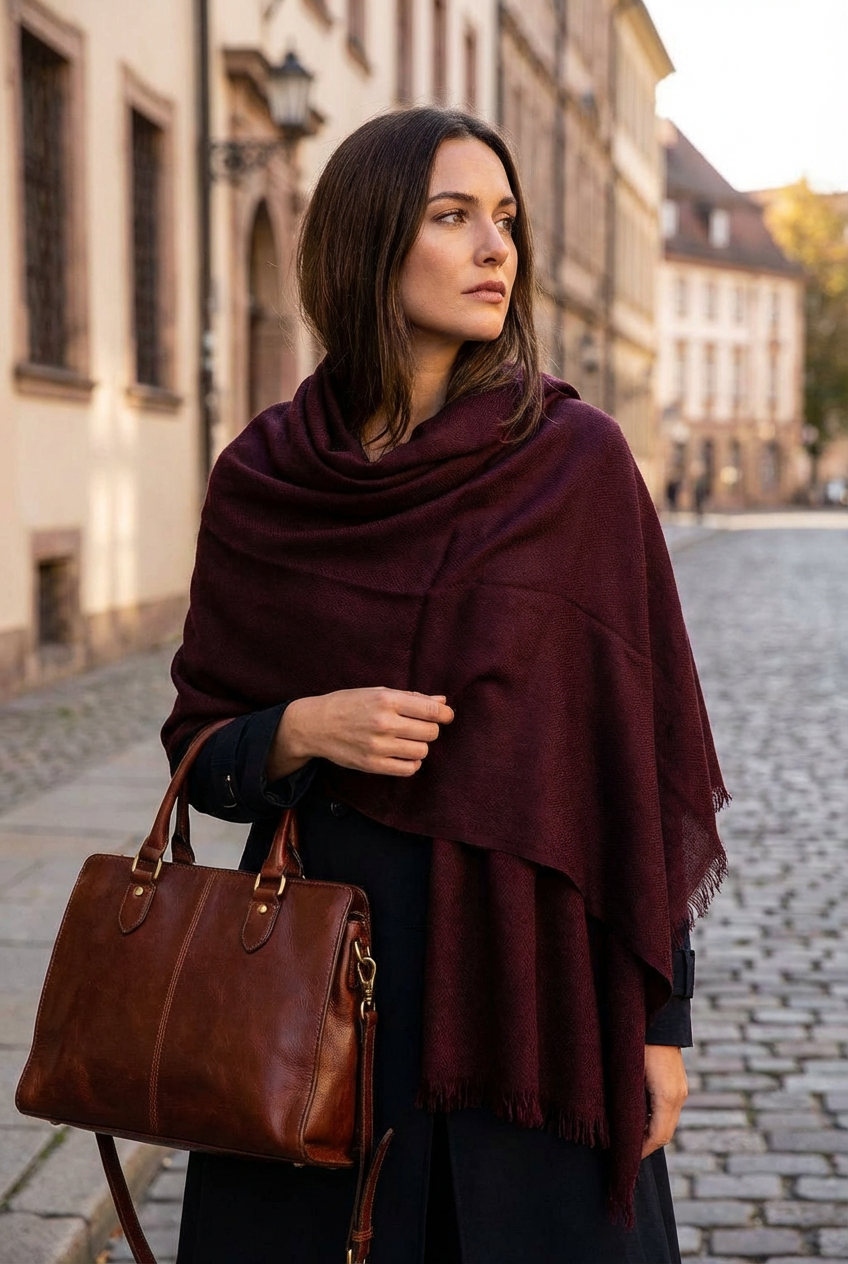 Woman wearing a dark red scarf and holding a brown leather bag on a street.