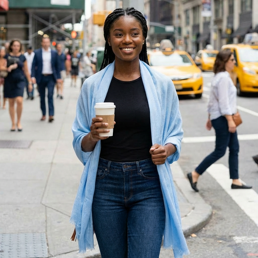 Woman holding a coffee cup on a city street with traffic lights and taxis in the background